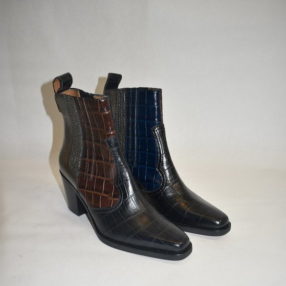 GANNI Western Colorblock Leather Ankle Boots Size 7 - Picture 2 of 10